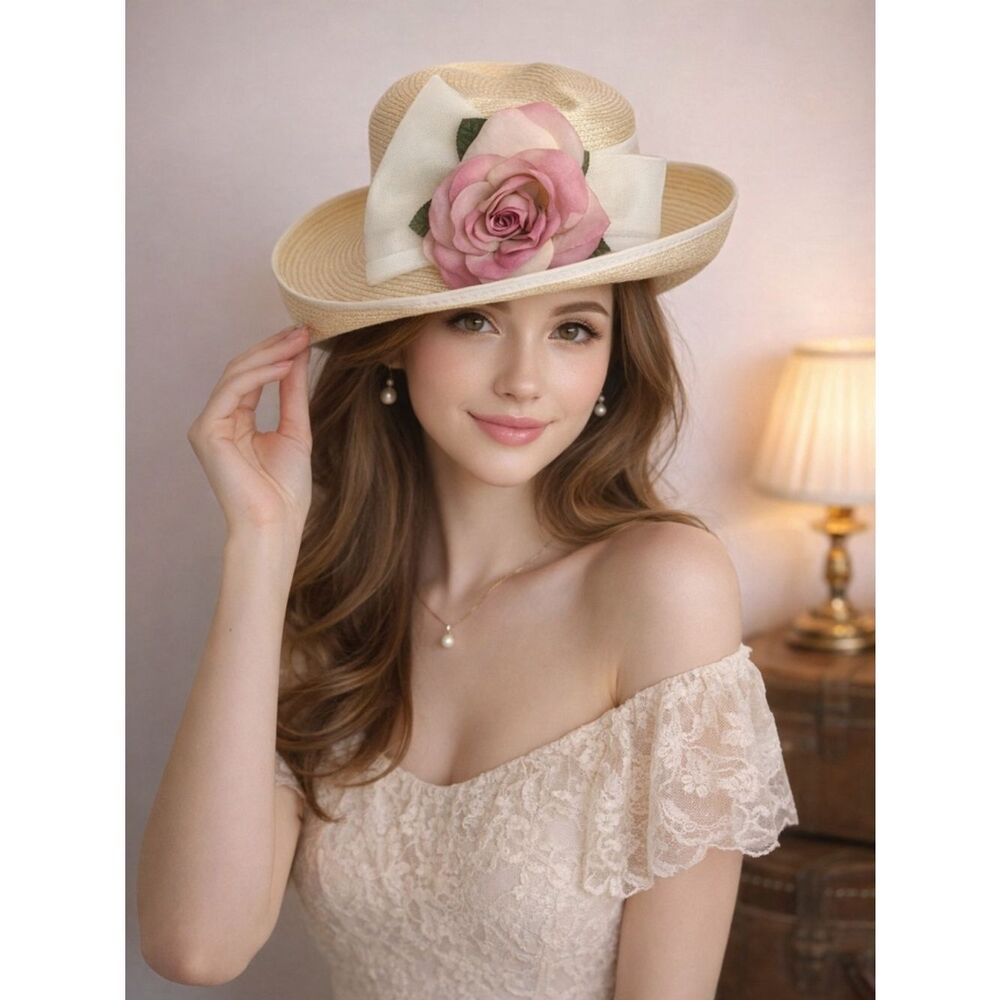 Vintage Plaza Suite Tan and Cream Hat with Pink FlowerAccent Kentucky Derby